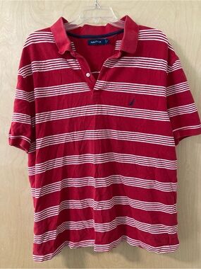 Nautica Red Short-Sleeve Polo with White Stripes & Embroidered Logo Men’s Sz 2XL